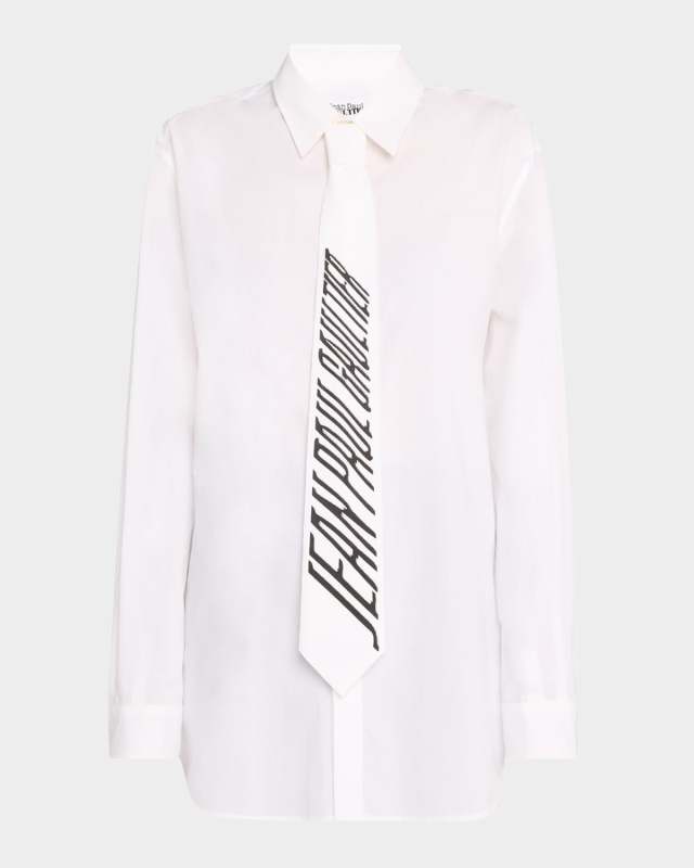 Logo-Print Tie Cotton Popeline Button-Down Shirt